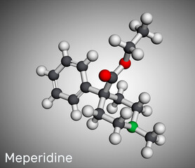 Pethidine, meperidin molecule. It is opioid agonist with analgesic and sedative properties used to manage moderate-to-severe pain. Molecular model. 3D rendering