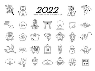 2022年　寅年　年賀状、正月　線画アイコンイラストセット / モノトーン