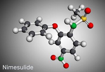 Nimesulide molecule. It is a relatively COX-2 selective, nonsteroidal anti-inflammatory drug NSAID, used to treat acute pain. Molecular model. 3D rendering