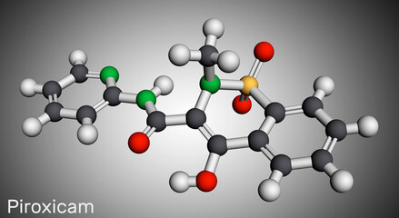 Piroxicam, piroksikam molecule. It is nonsteroidal anti-inflammatory drug NSAID, used to treat osteoarthritis and rheumatoid arthritis. Molecular model. 3D rendering