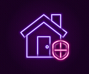 Glowing neon line House under protection icon isolated on black background. Home and shield. Protection, safety, security, protect, defense concept. Colorful outline concept. Vector