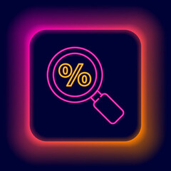 Glowing neon line Magnifying glass with percent icon isolated on black background. Discount offers searching. Search for discount sale sign. Colorful outline concept. Vector