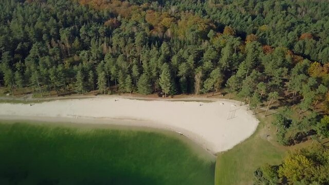 Aerial drone view at the white sandy lake near the big forest in the Netherlands, Europe.
