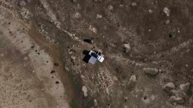 Top-down view of couple car camping in a Subaru Forester in Fruita Colorado, Aerial