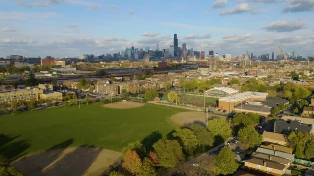 Establishing Aerial Shot of Harrison Park on Chicago's West Side
