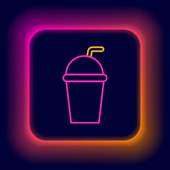 Glowing neon line Paper glass with drinking straw and water icon isolated on black background. Soda drink glass. Fresh cold beverage symbol. Colorful outline concept. Vector