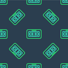 Line VHS video cassette tape icon isolated seamless pattern on blue background. Vector