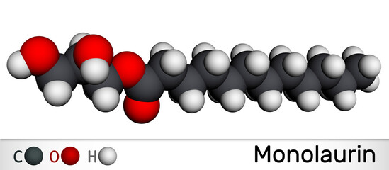 Monolaurin, glycerol monolaurate, glyceryl laurate molecule. It is monoglyceride and dodecanoate, used as a surfactant in cosmetics. Molecular model. 3D rendering