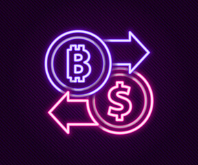Glowing neon line Cryptocurrency exchange icon isolated on black background. Bitcoin to dollar exchange icon. Cryptocurrency technology, mobile banking. Colorful outline concept. Vector