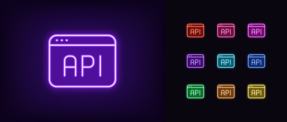 Outline neon API icon. Glowing neon app window with API sign, development interface pictogram. Application programming interface, software and app development. Vector icon set, symbol for UI
