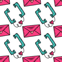 Valentines love seamless pattern with phone and love letters communication. Vector for paper, wallpaper, fabric, interior design.