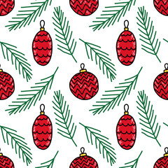 Christmas doodle illustration with red baubles and fir branches. Vector for paper, wallpaper, fabric, interior design.