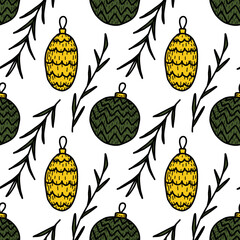 Christmas doodle illustration with red baubles and leaves. Vector for paper, wallpaper, fabric, interior design.