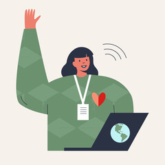 Online volunteer service concept. Virtual mentoring, companionship, tutoring, support and aid for people. Young girl - distance social worker. Flat vector cartoon illustration isolated on background