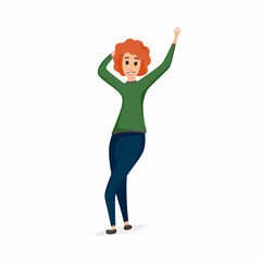 Happy girl with hands raised up. Cartoon vector illustration.