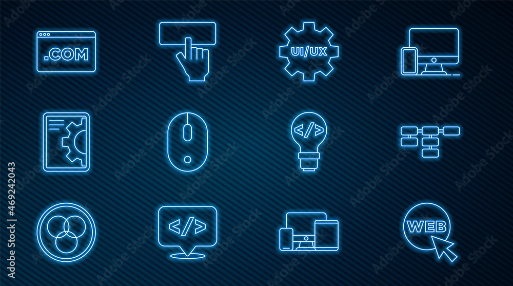 Poster set line web and graphic design, site map, ui or ux, computer mouse, development, front end and keyb