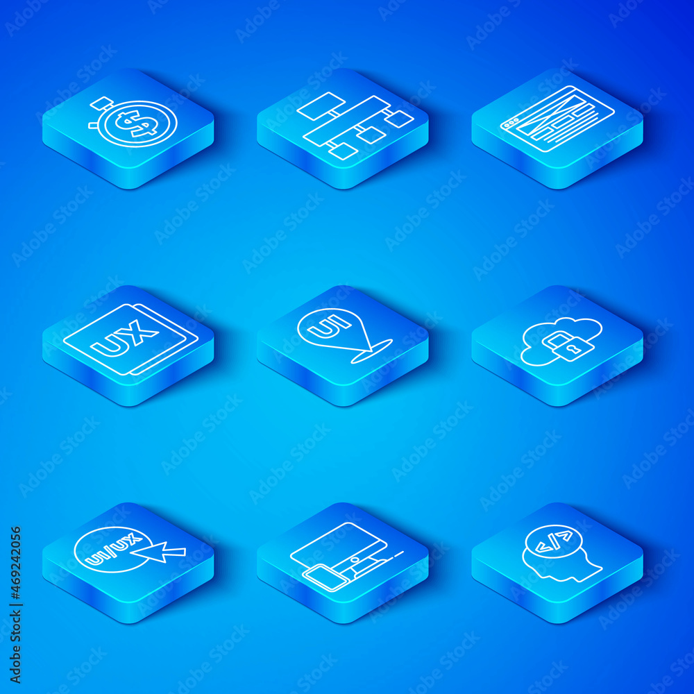 Poster set line ui or ux design, monitor and mobile, cloud computing lock, time is money and front end deve