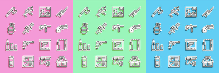 Set line Hunting shop weapon, Bullet, Small gun revolver, Advertising, Sniper optical sight, Hand grenade, Wooden axe and Submachine M3 icon. Vector