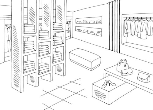 Shop store interior graphic black white sketch illustration vector 