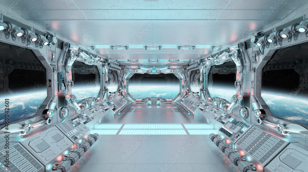 Aufkleber White spaceship interior with glowing blue and red lights. Futuristic spacecraft with large window view on planet Earth. 3D rendering
