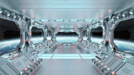 White spaceship interior with glowing blue and red lights. Futuristic spacecraft with large window view on planet Earth. 3D rendering © sdecoret