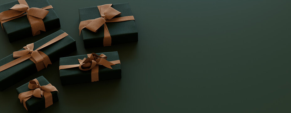 Christmas Gifts wrapped in Green paper with Burlap ribbons.