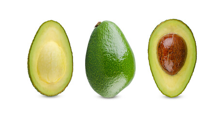 Great set of avocados. Half and whole avocados isolated on white background. Excellent retouching and full depth of field.