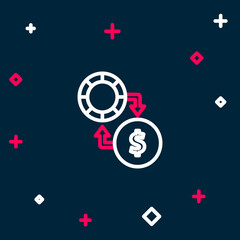 Line Casino chips exchange on stacks of dollars icon isolated on blue background. Colorful outline concept. Vector