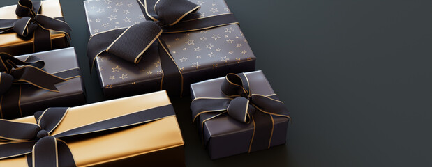 Premium Christmas Gifts wrapped in Gold and purple-grey paper with Navy ribbons.