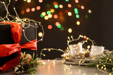 Sweet home. White Christmas decor on vintage natural wooden background.