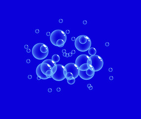 Illustration. Bubbles water big and small circles. blue background.