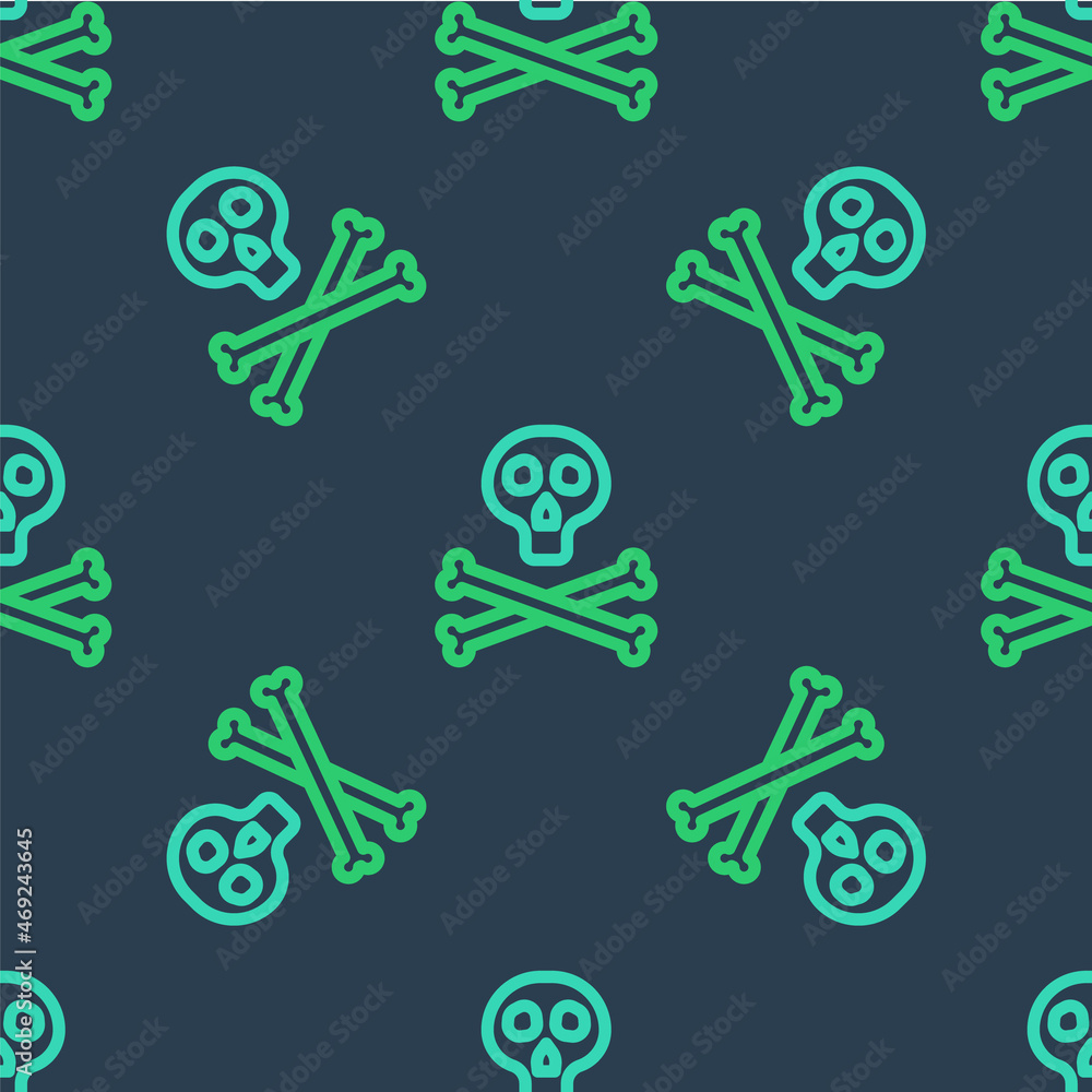 Poster line bones and skull as a sign of toxicity warning icon isolated seamless pattern on blue background