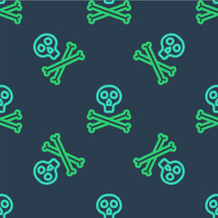 Line Bones and skull as a sign of toxicity warning icon isolated seamless pattern on blue background. Vector