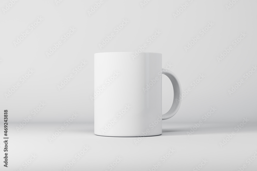 Poster Empty white mug or cup on light background with mock up place for your advertisement. 3D Rendering.