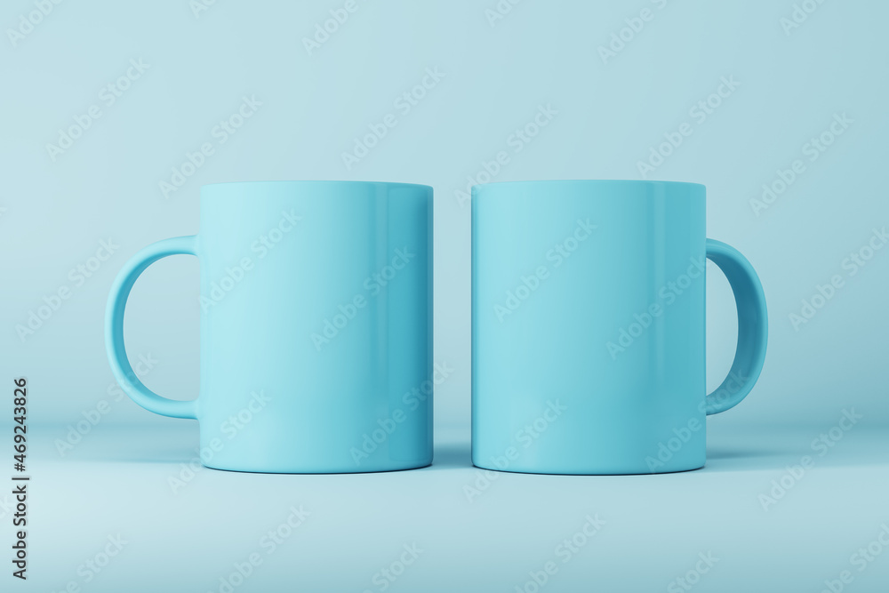 Aufkleber Two empty blue mugs or cup on light background with mock up place for your advertisement. 3D Rendering