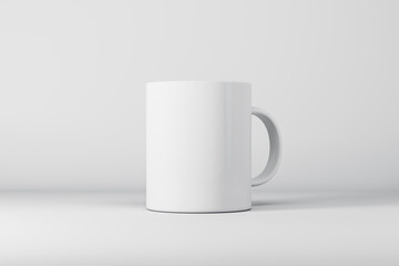 Empty white mug or cup on light background with mock up place for your advertisement. 3D Rendering.