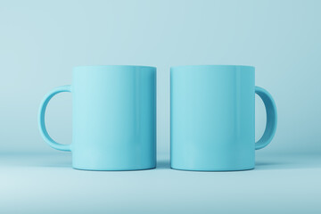 Two empty blue mugs or cup on light background with mock up place for your advertisement. 3D Rendering