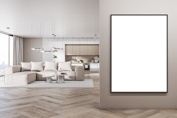 Obraz na płótnie Canvas Modern concrete and wooden kitchen studio interior with empty mock up banner on wall, window and city view, daylight, furniture and white couch. Design, home and apartment concept. 3D Rendering.