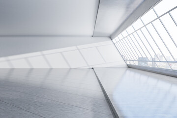Contemporary spacious concrete interior with panoramic city view and daylight. Minimalistic room concept. 3D Rendering.