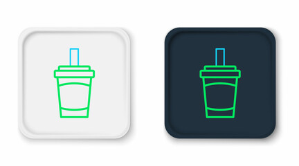 Line Paper glass with drinking straw and water icon isolated on white background. Soda drink glass. Fresh cold beverage symbol. Colorful outline concept. Vector