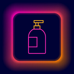 Glowing neon line Dishwashing liquid bottle icon isolated on black background. Liquid detergent for washing dishes. Colorful outline concept. Vector