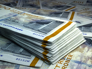 Danish money. Danish krone banknotes. 100 DKK kroner bills.