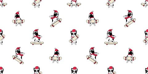 dog seamless pattern Christmas french bulldog Santa Claus hat  skateboard surfskate vector scarf isolated cartoon repeat wallpaper tile background illustration design