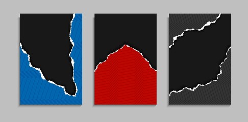 Set Of Paper Torn Ripped With Minimal Lines Pattern Design Template In Black Background