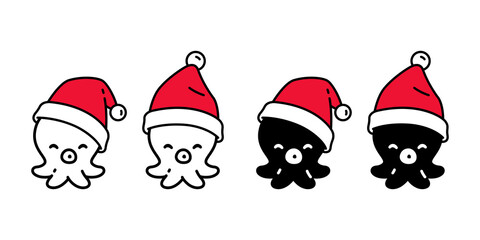 Octopus vector icon christmas santa claus hat fish squid salmon tuna cartoon symbol illustration design