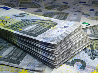 European money. European euro banknotes. 5 EUR euro bills.