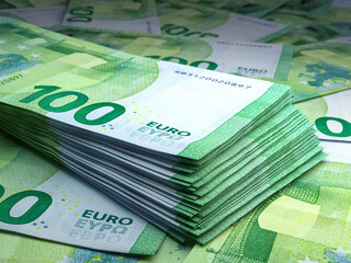 European money. European euro banknotes. 100 EUR euro bills.