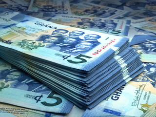 Ghanian money. Ghanian cedi banknotes. 5 GHS cedis bills.