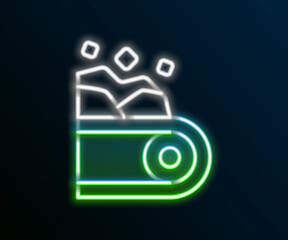 Glowing neon line Conveyor belt carrying coal icon isolated on black background. Colorful outline concept. Vector