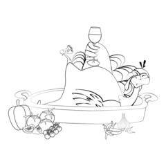Thanksgiving Turkey drinking wine stroke vector illustration